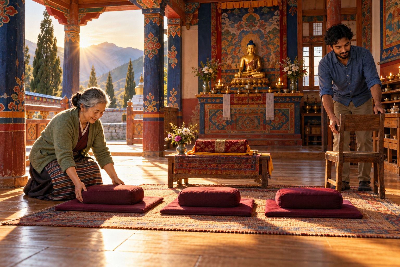 Two volunteers arrange cushions and a chair in a sunlit Tibetan Buddhist hall before visitors arrive.