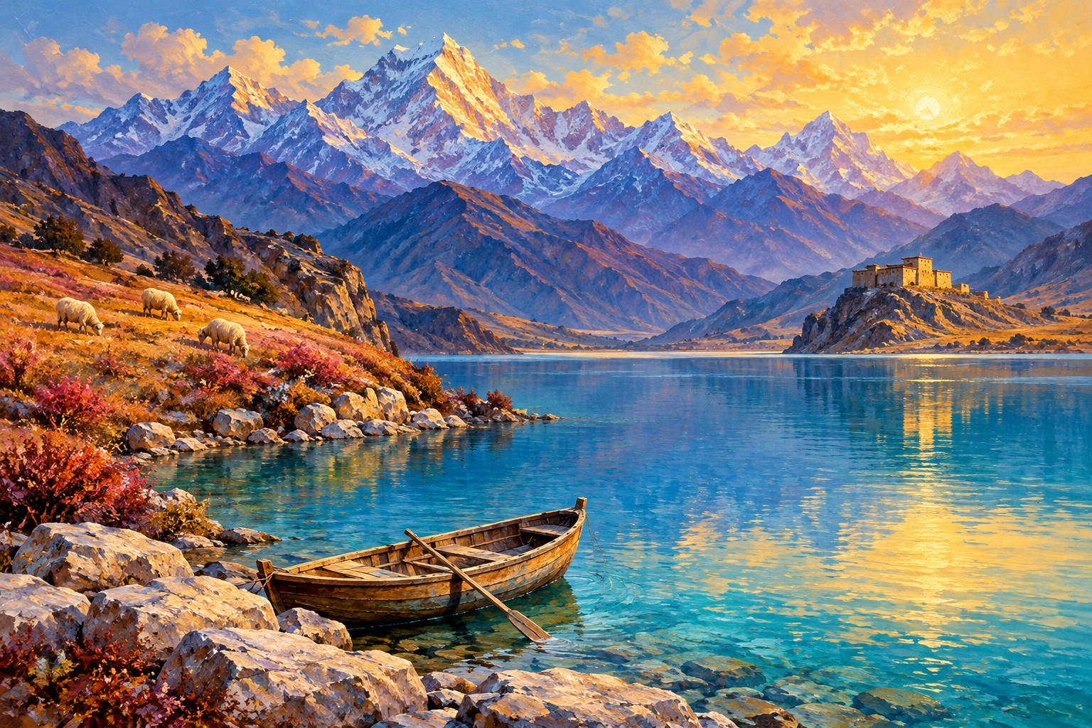 An oil-painted wooden boat rests beside a turquoise lake, with sheep on a meadow and an ochre fortress across the water.