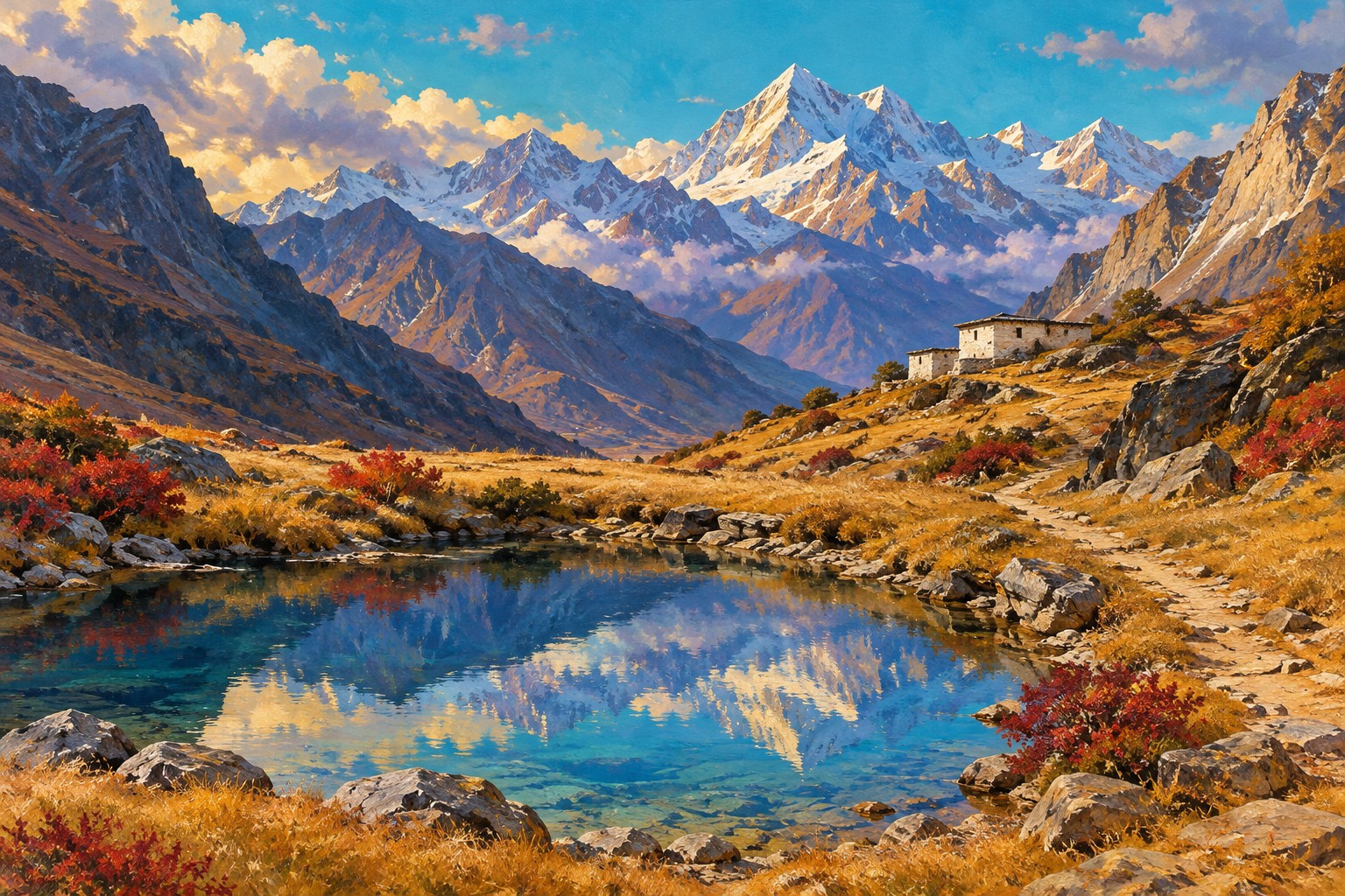 An oil-painted alpine pool beside an ochre path and white stone hermitage beneath indigo Himalayan peaks.