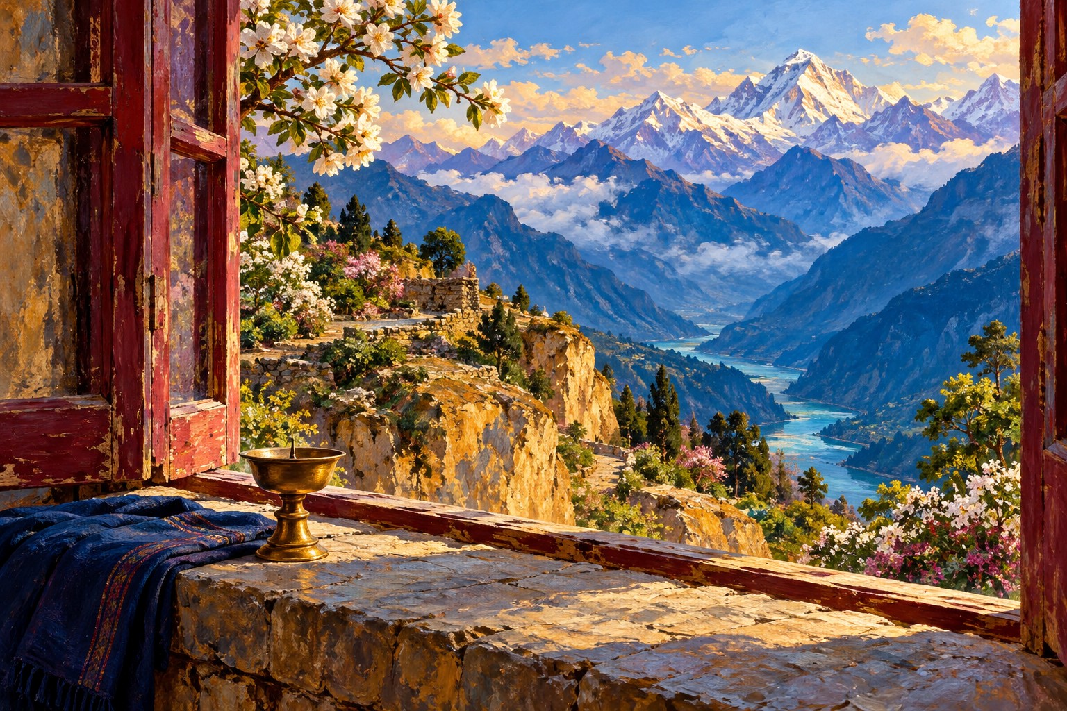 An oil-painted open red window frames a Himalayan valley, with a brass lamp and indigo cloth on a stone sill.