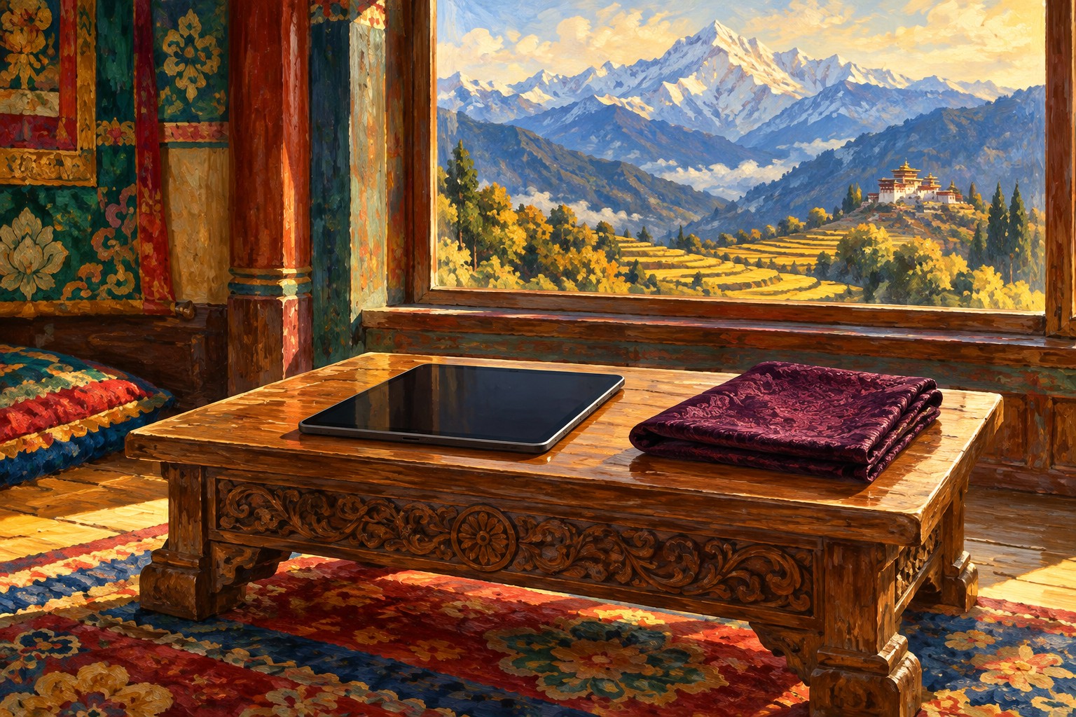 An oil-painted tablet and folded plum cloth rest separately on a raised wooden reading table overlooking a Himalayan valley.