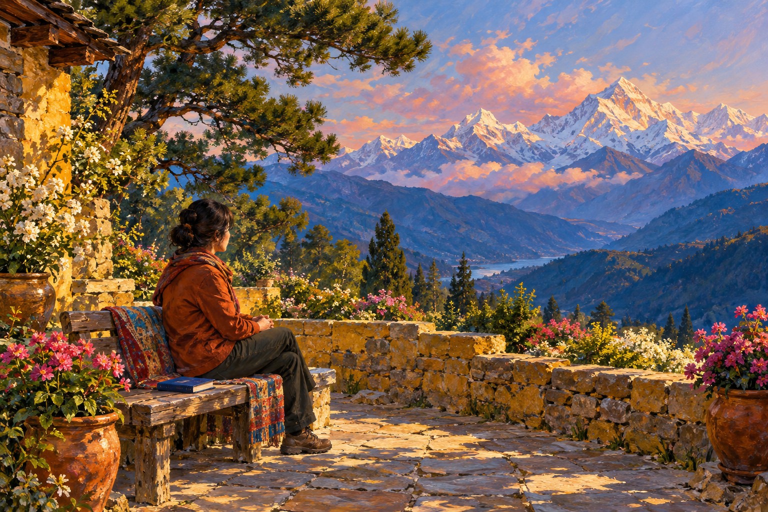 A woman in a rust jacket pauses beside a closed blue book on a mountain garden bench.