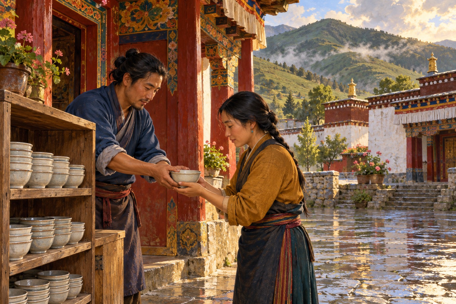 Two volunteers in blue and ochre put away ceramic bowls beside a painted temple courtyard.