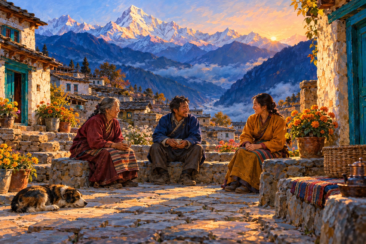 Three neighbors converse in a sunlit Himalayan village courtyard.