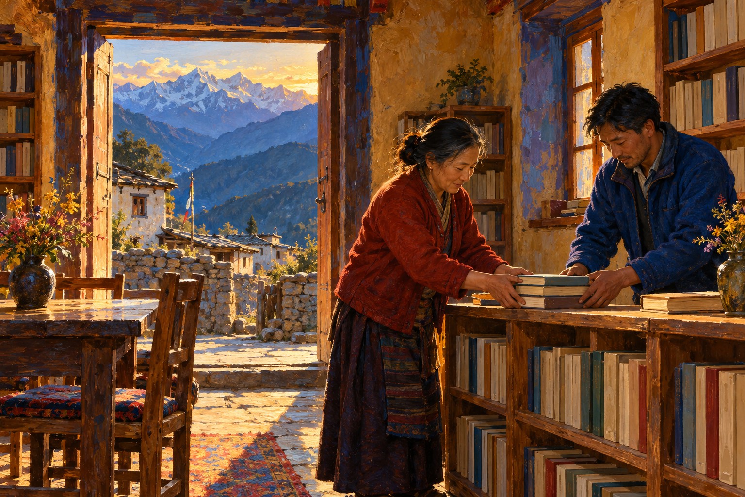 Two lay adults in rust and cobalt jackets arrange plain books in a sunlit mountain-village reading room.