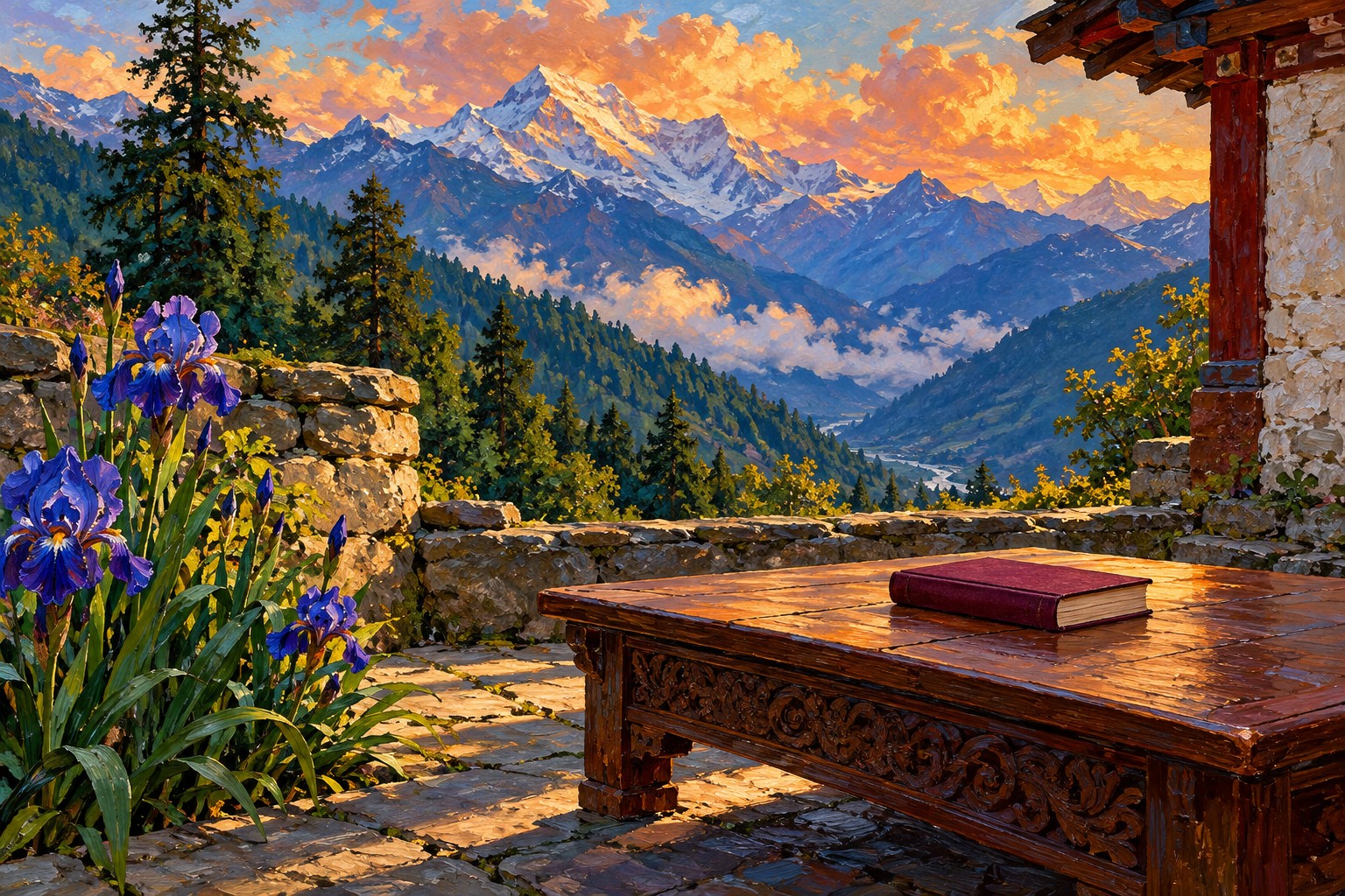 An oil-painted burgundy book rests on a carved cedar desk beside blue irises overlooking Himalayan peaks.