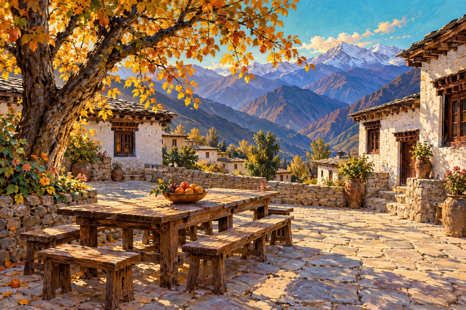 An oil-painted Himalayan village courtyard with a long wooden table, empty benches, a bowl of fruit and an apricot tree.