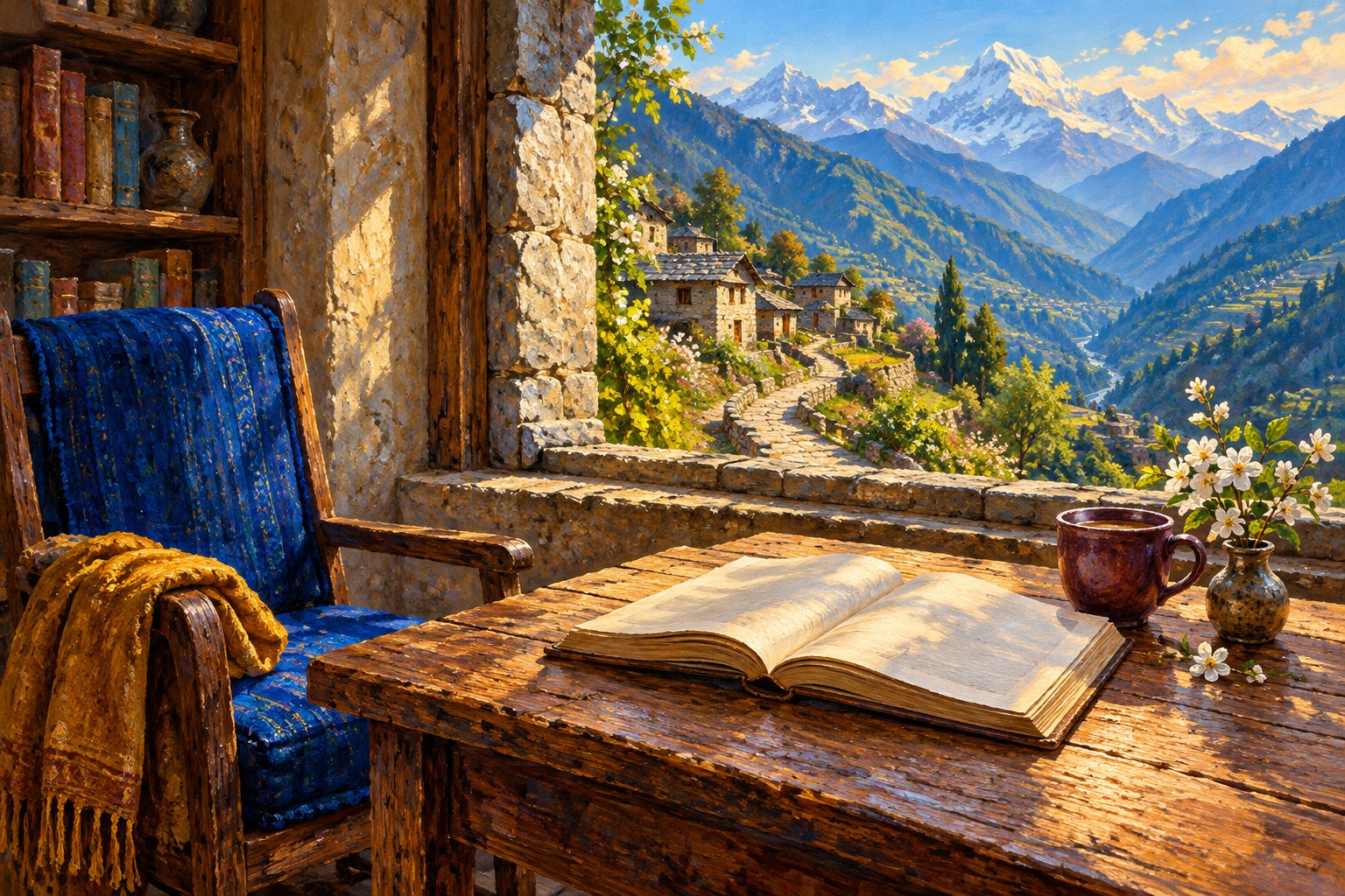 An open book, cobalt chair, ochre shawl and plum cup in an imagined stone study room overlooking a mountain-village path.
