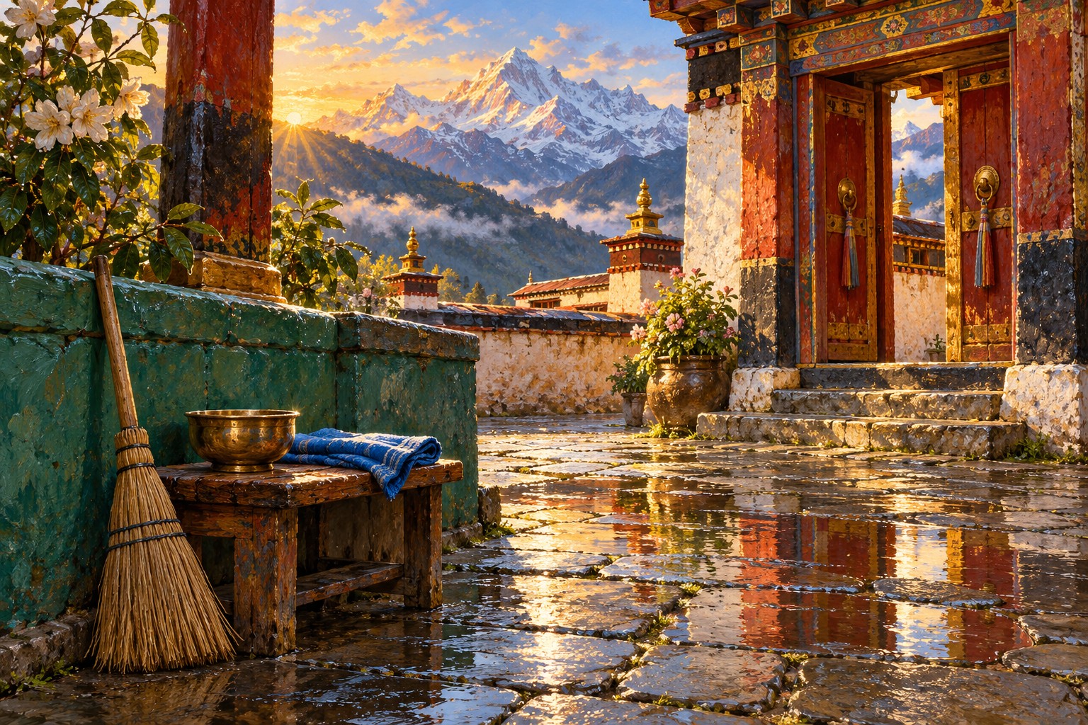 A broom, folded blue cloth and brass bowl stand beside a rain-washed temple courtyard at sunrise.