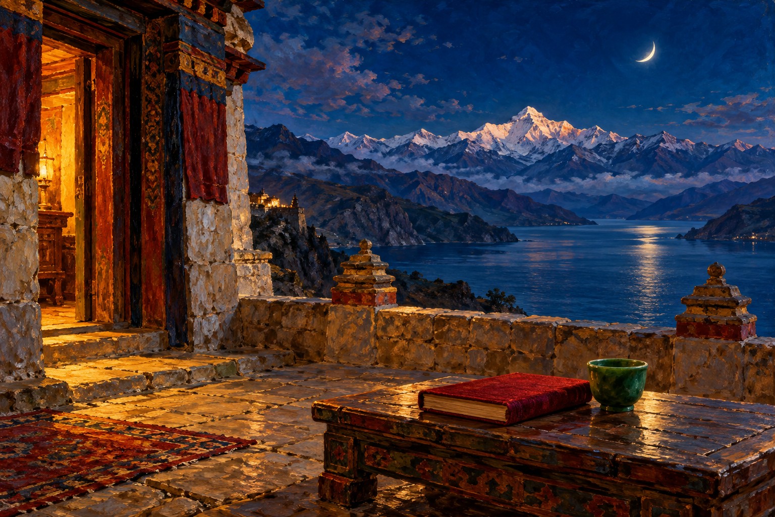 A crimson book and jade cup sit on a stone balcony overlooking a moonlit Himalayan lake.