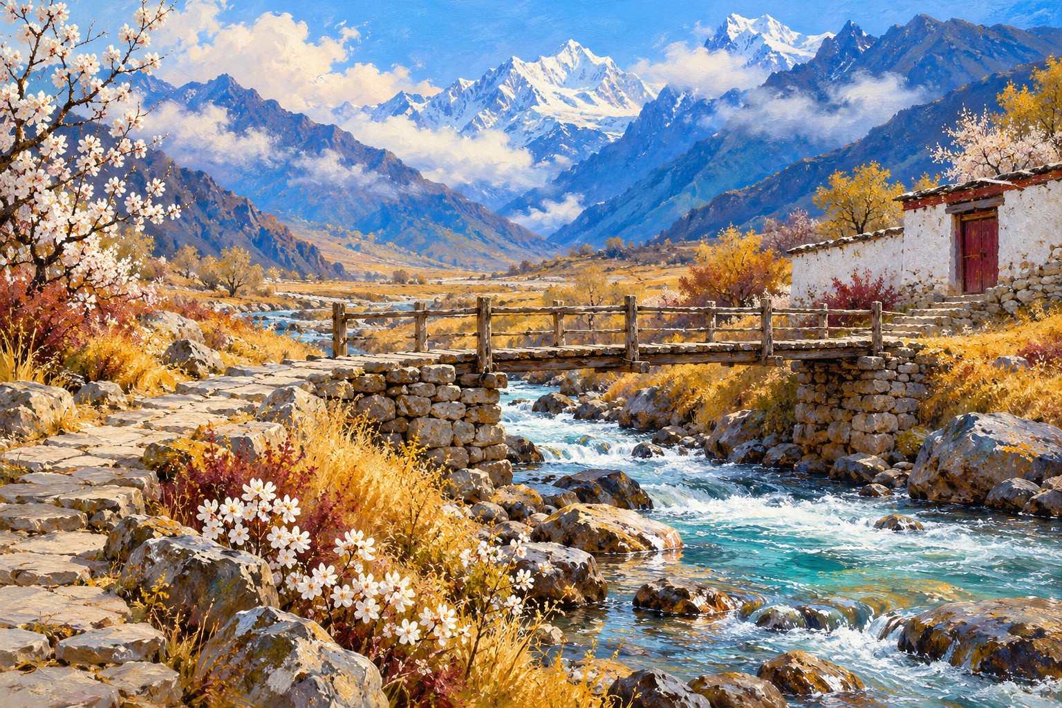 A painted Himalayan stream beneath a wooden footbridge, white blossoms, golden grasses and distant blue mountain ridges.