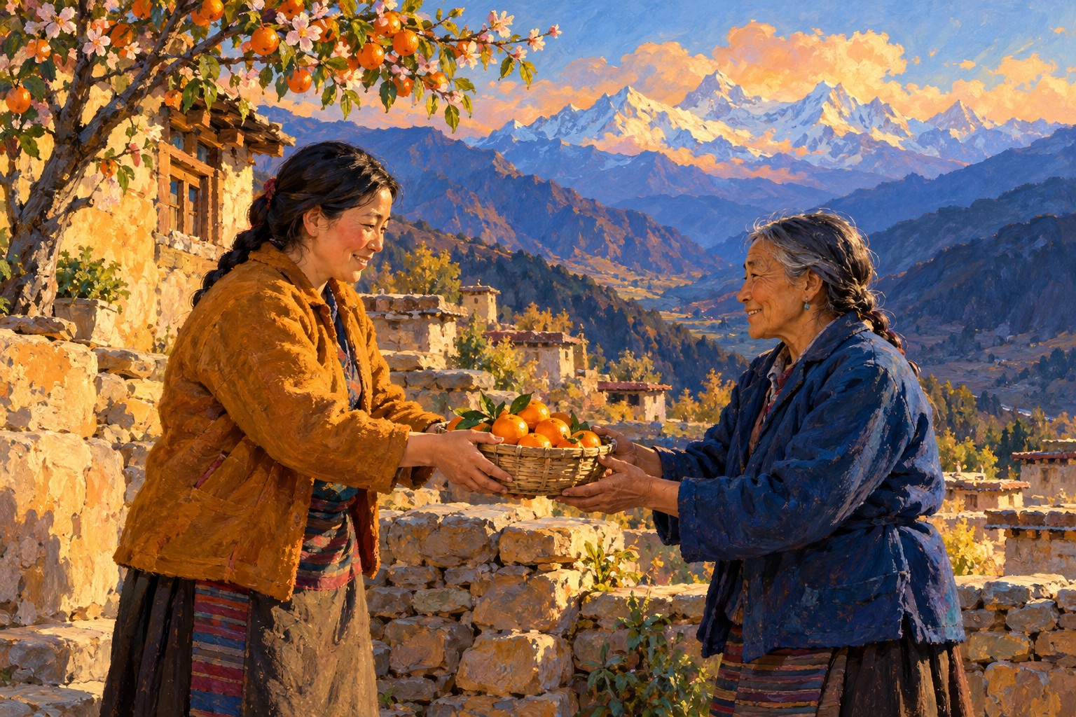 Two neighbors in ochre and blue share a basket of oranges on an imagined Himalayan village terrace.