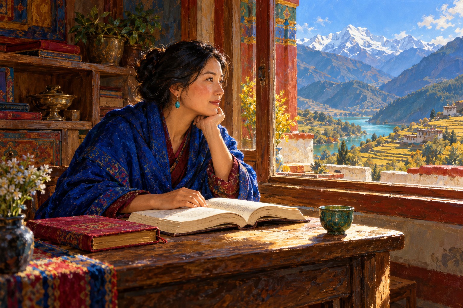 A woman in a blue shawl sits beside an open book and a window overlooking Himalayan mountains.