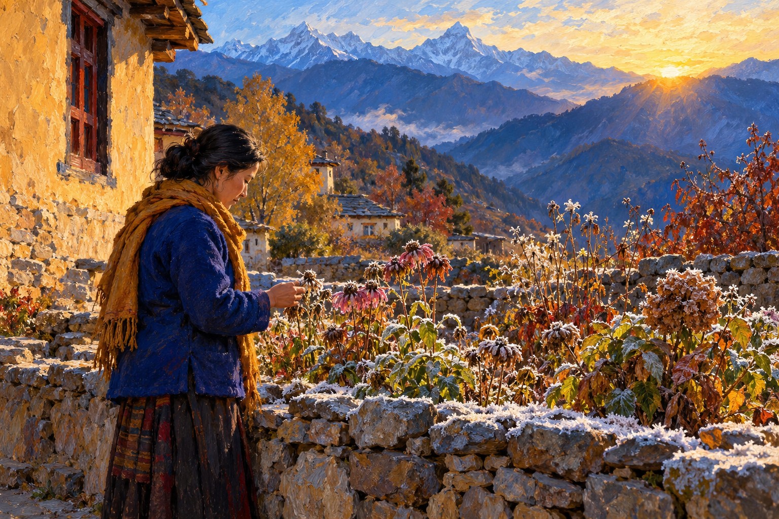 A lay woman in a cobalt jacket and ochre scarf stands beside frost-touched flowers in an imagined mountain-village garden.