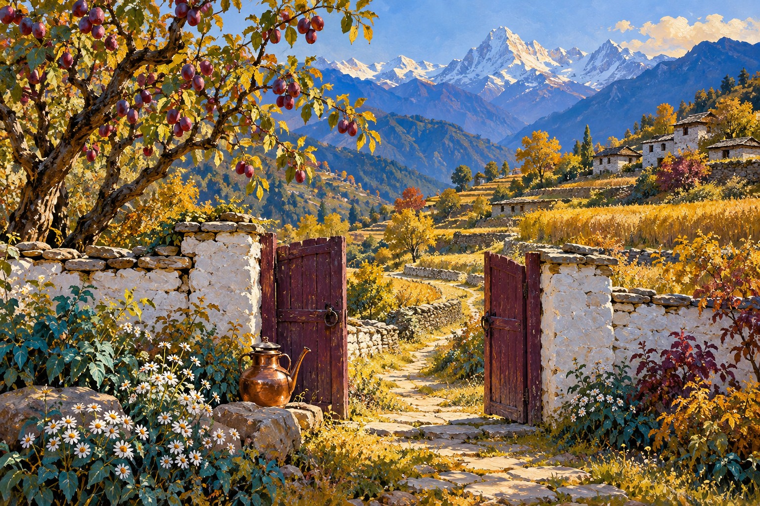 An oil-painted Himalayan orchard with an open plum gate, white stone wall, copper watering vessel and golden terraced fields.