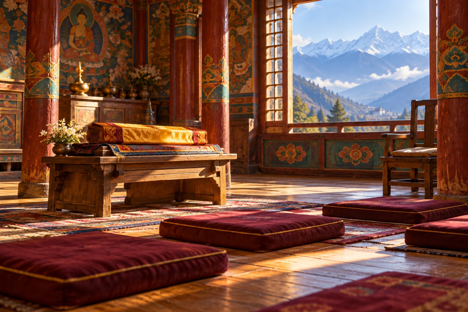 A cloth-wrapped scripture rests on a wooden reading stand in a sunlit hall with cushions and a chair.