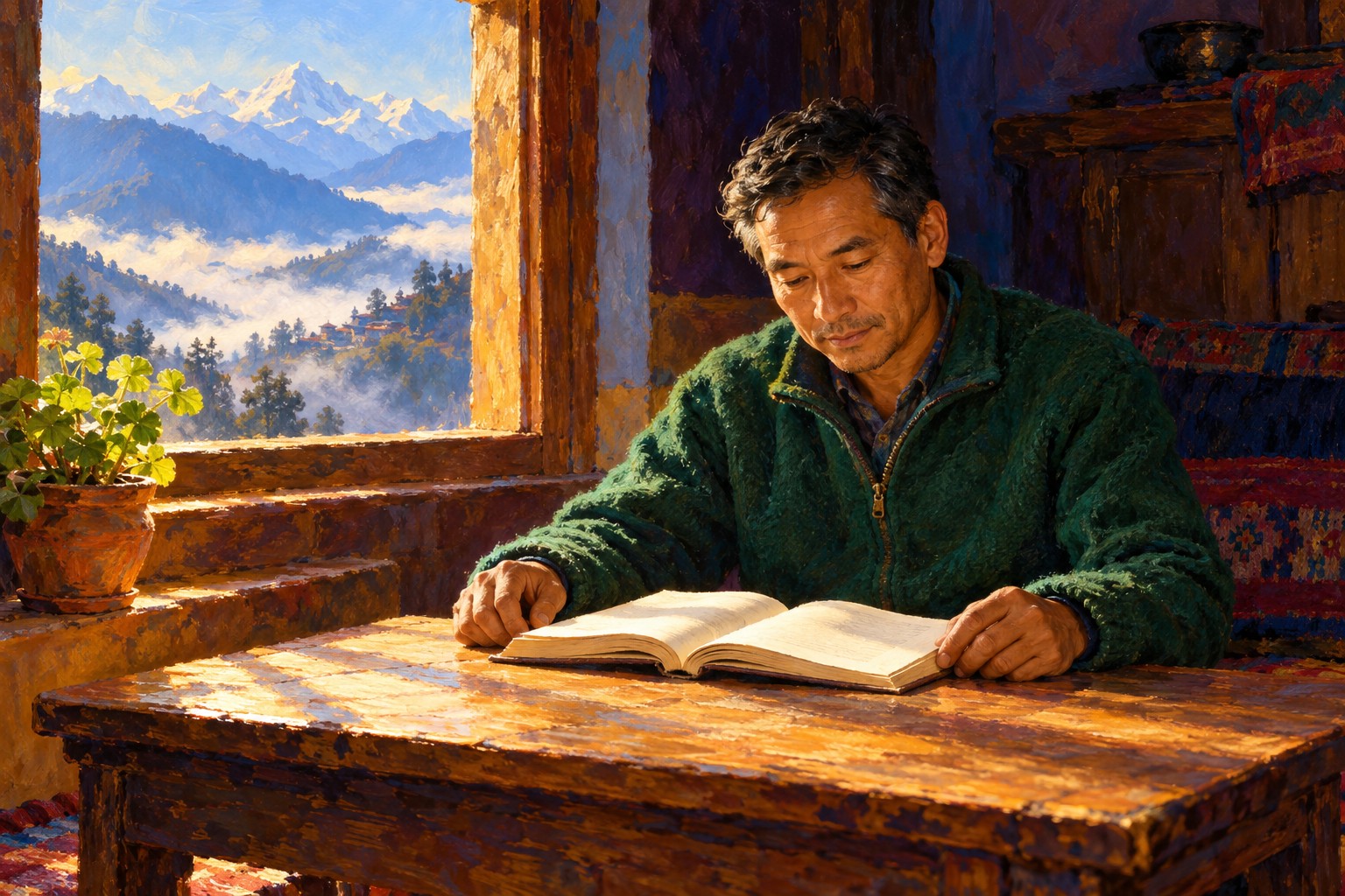 A man in an emerald jacket reads an open book beside a window overlooking blue mountain ridges.