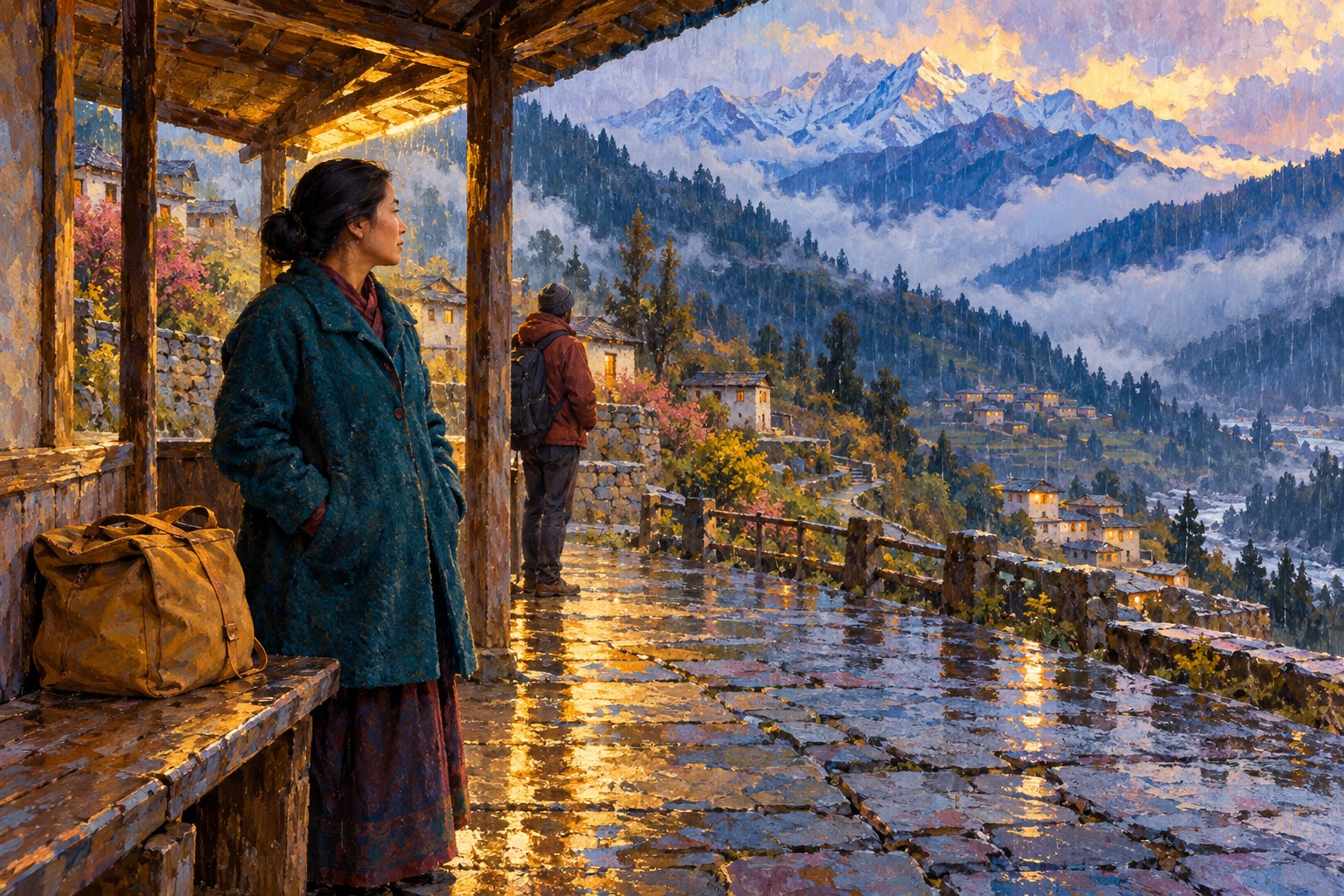 A woman in a teal coat waits under a wooden shelter overlooking a rainlit mountain village.
