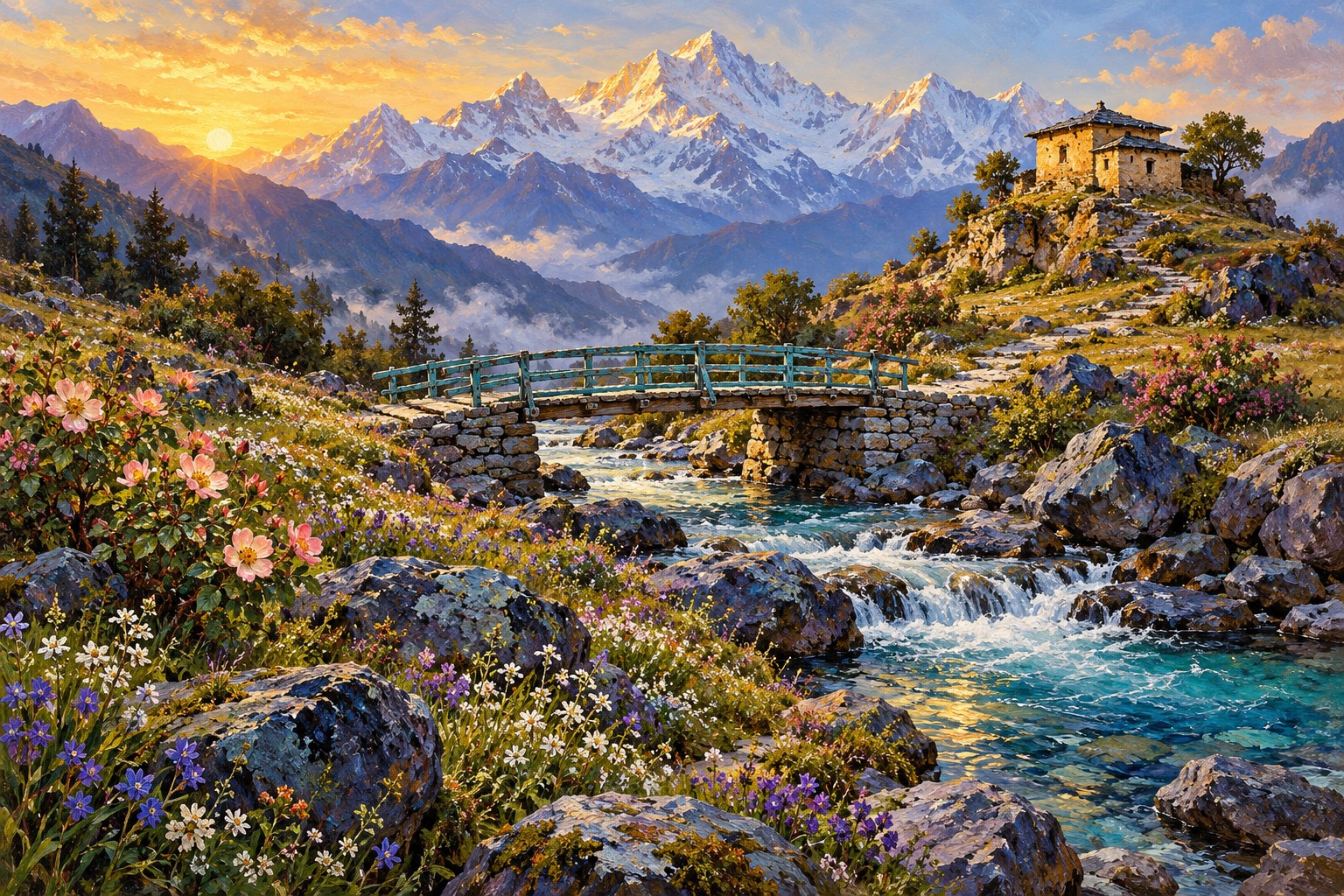 An oil-painted turquoise footbridge crosses a mountain stream toward an ochre hermitage beneath snowy Himalayan peaks.