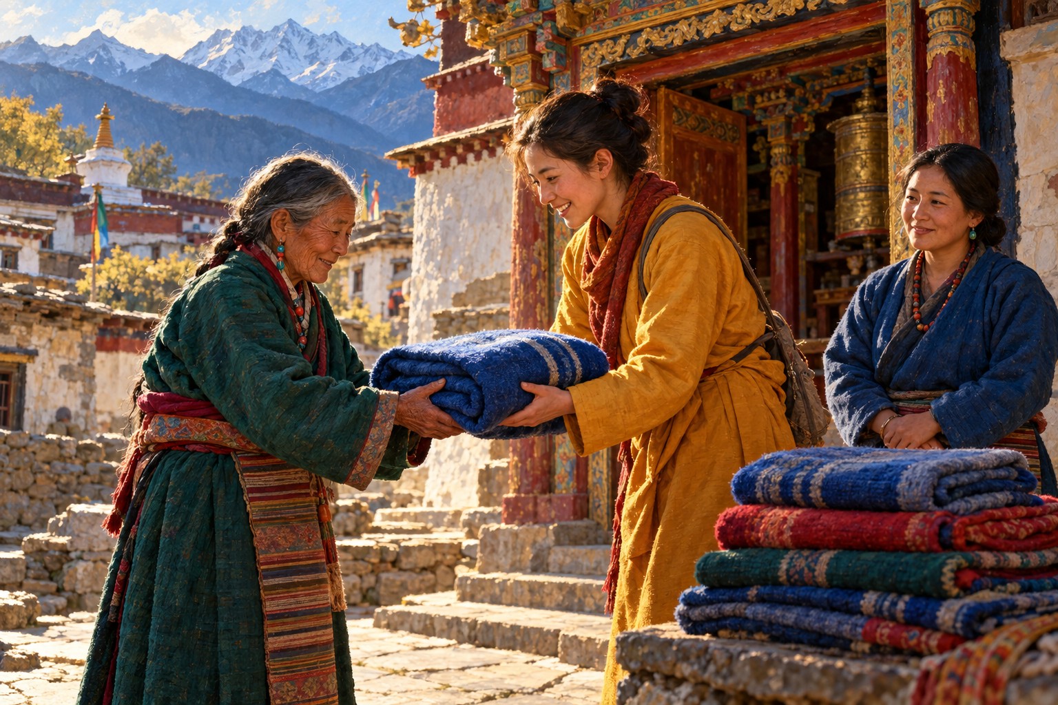 Two women exchange a folded blue blanket while another looks on in a Himalayan village courtyard.