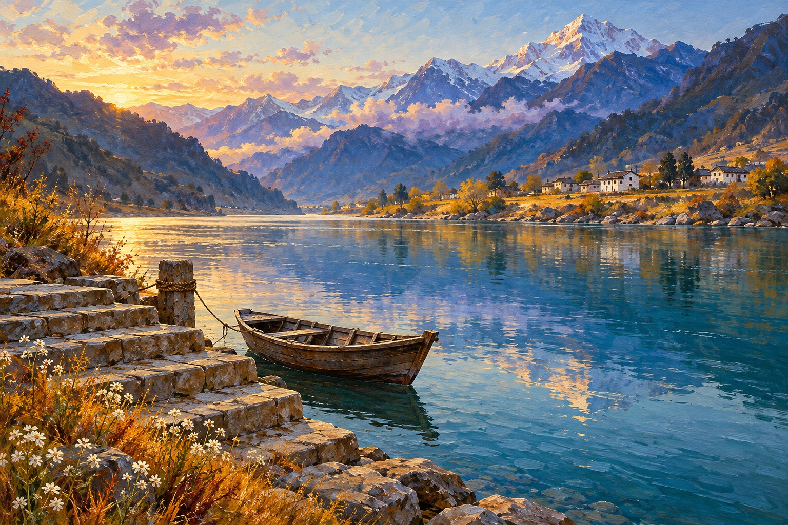 An oil-painted Himalayan river landing with stone steps, a moored wooden boat, gold grasses and distant blue mountains.