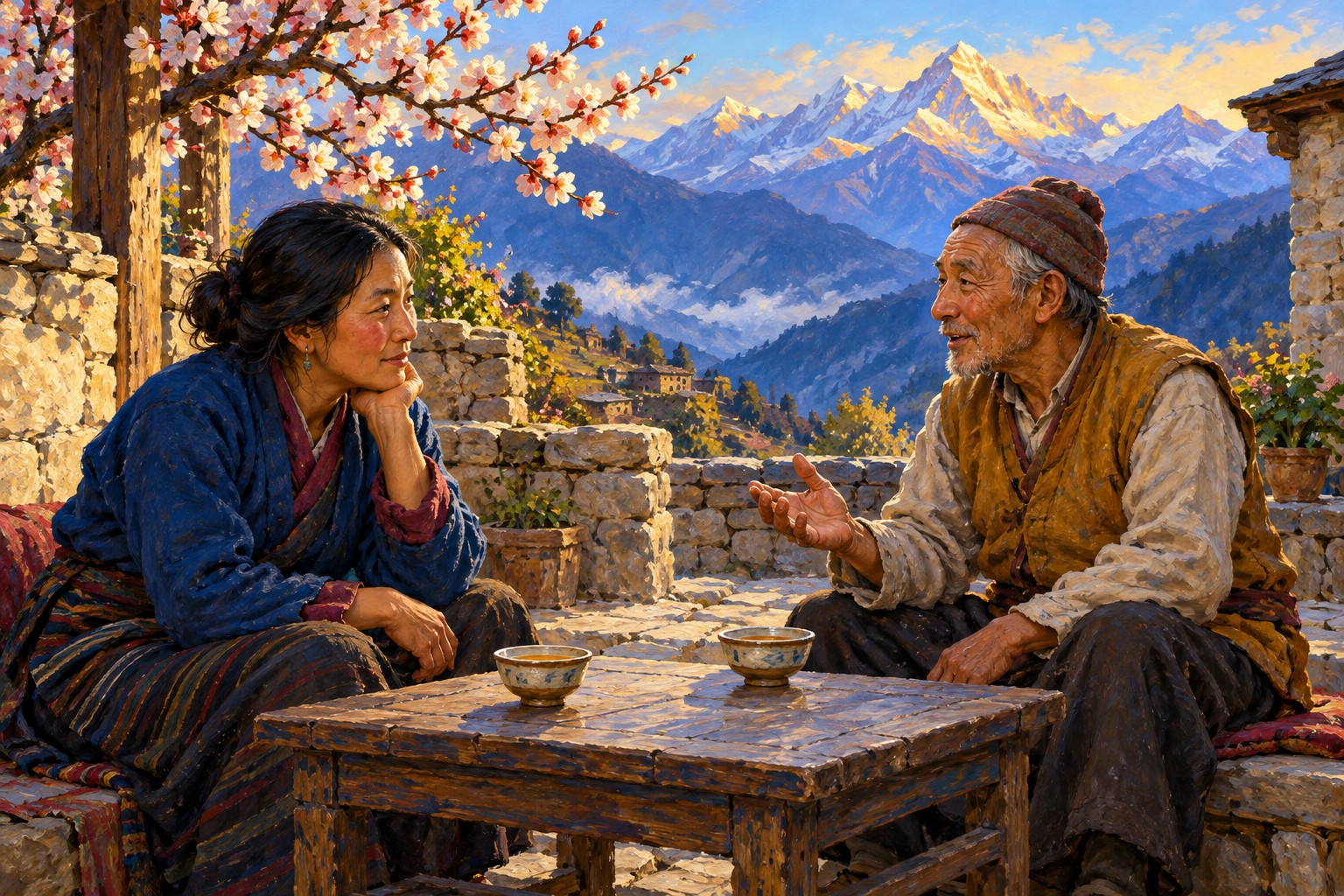 Two lay villagers in blue and ochre talk beside tea bowls in an imagined Himalayan courtyard with flowering branches and mountain ridges.