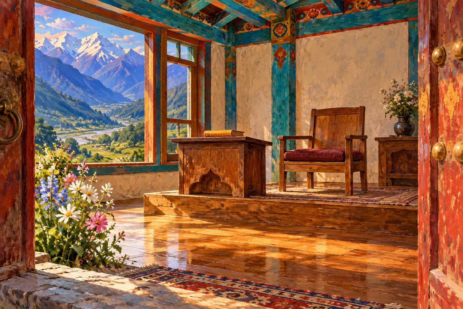 An oil-painted empty wooden teaching chair and a plain closed book stand in a small hall overlooking a Himalayan valley.