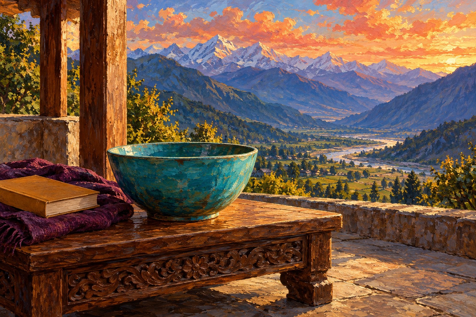 An oil-painted turquoise bowl and plain ochre book rest on a walnut table overlooking a Himalayan valley.