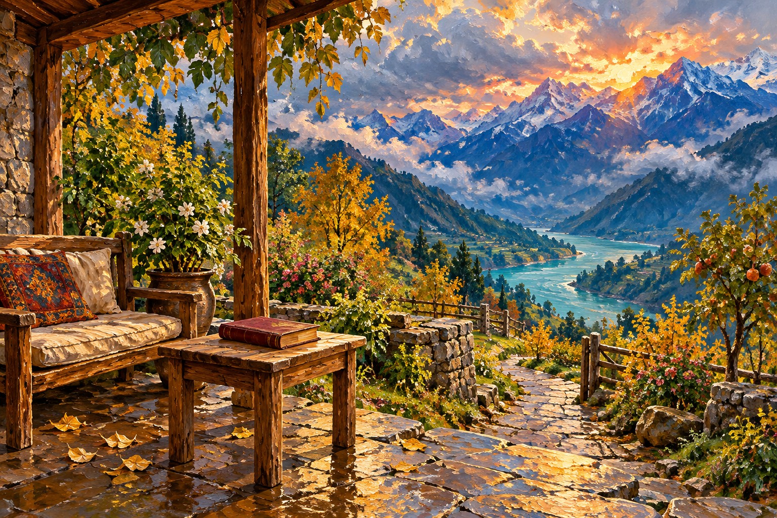 An oil-painted mountain orchard with a wooden bench, a closed burgundy book on a sheltered table and a sunlit valley beyond.