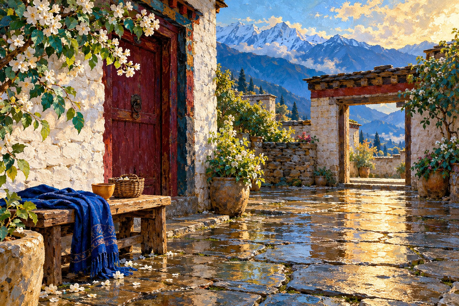 A painted Himalayan courtyard with a cobalt shawl on a wooden bench, an ochre cup, a plum door and wet flagstones.
