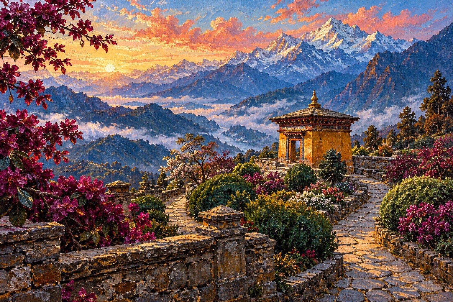 Two stone paths meet beside an ochre pavilion in an oil-painted Himalayan monastery garden.