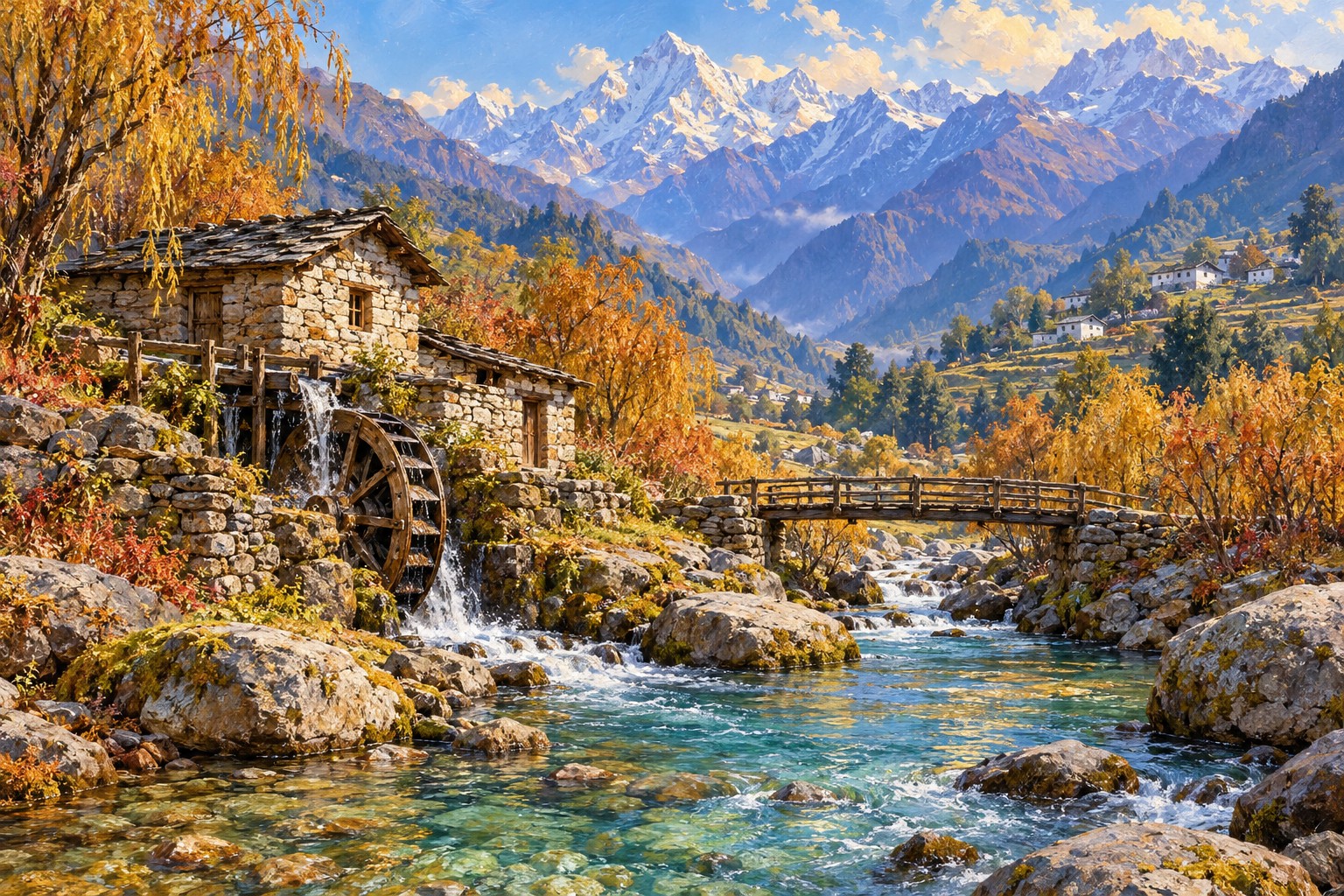 An oil-painted Himalayan stone watermill, wooden bridge and clear stream beneath autumn trees and distant blue mountains.