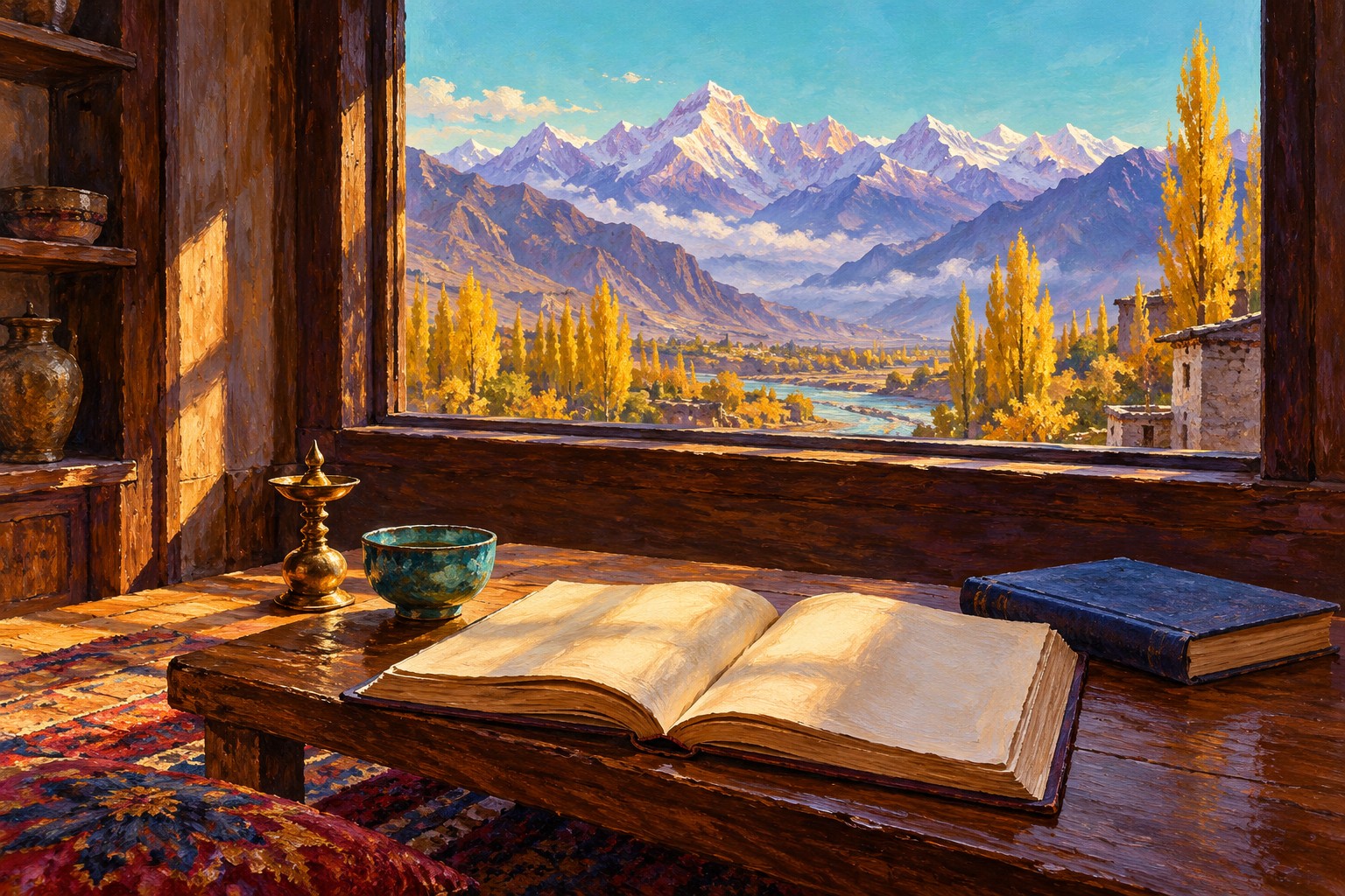 An oil-painted study room with an open blank book, turquoise tea bowl and indigo-covered book beside a window looking toward Himalayan peaks.