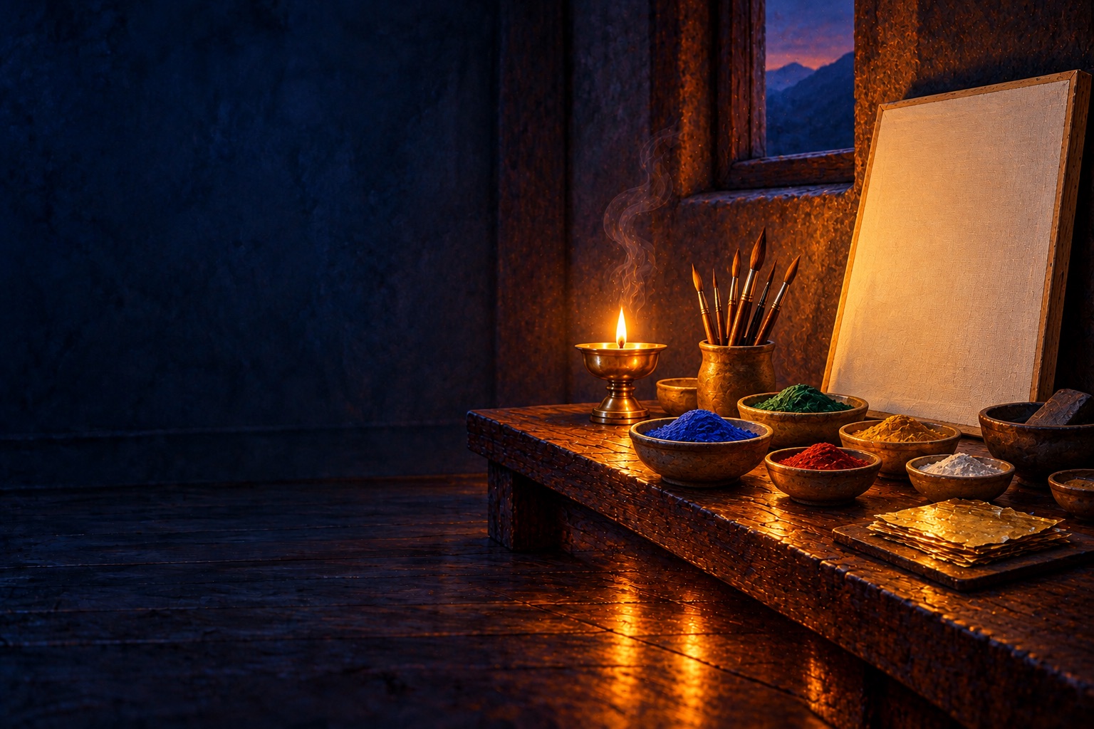 A painter's low table by a window at dusk: small bowls of mineral pigments, fine brushes and gold leaf beside a blank primed cloth.