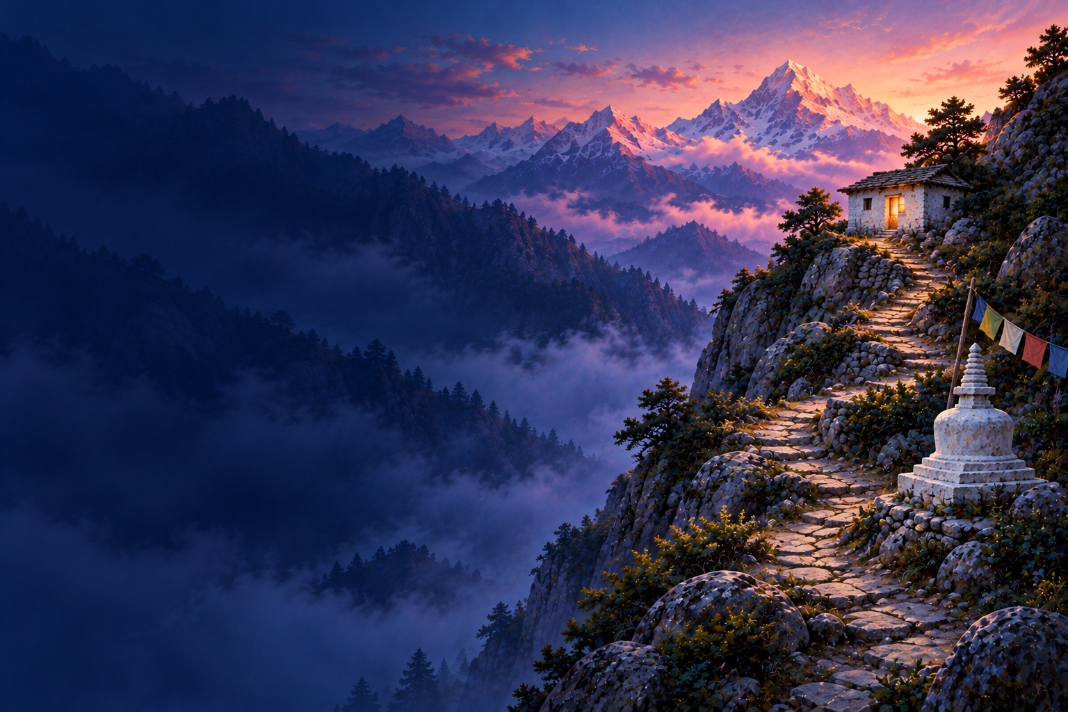 A narrow stone path winding up a mountainside at first light toward a small hermitage with one lit window.
