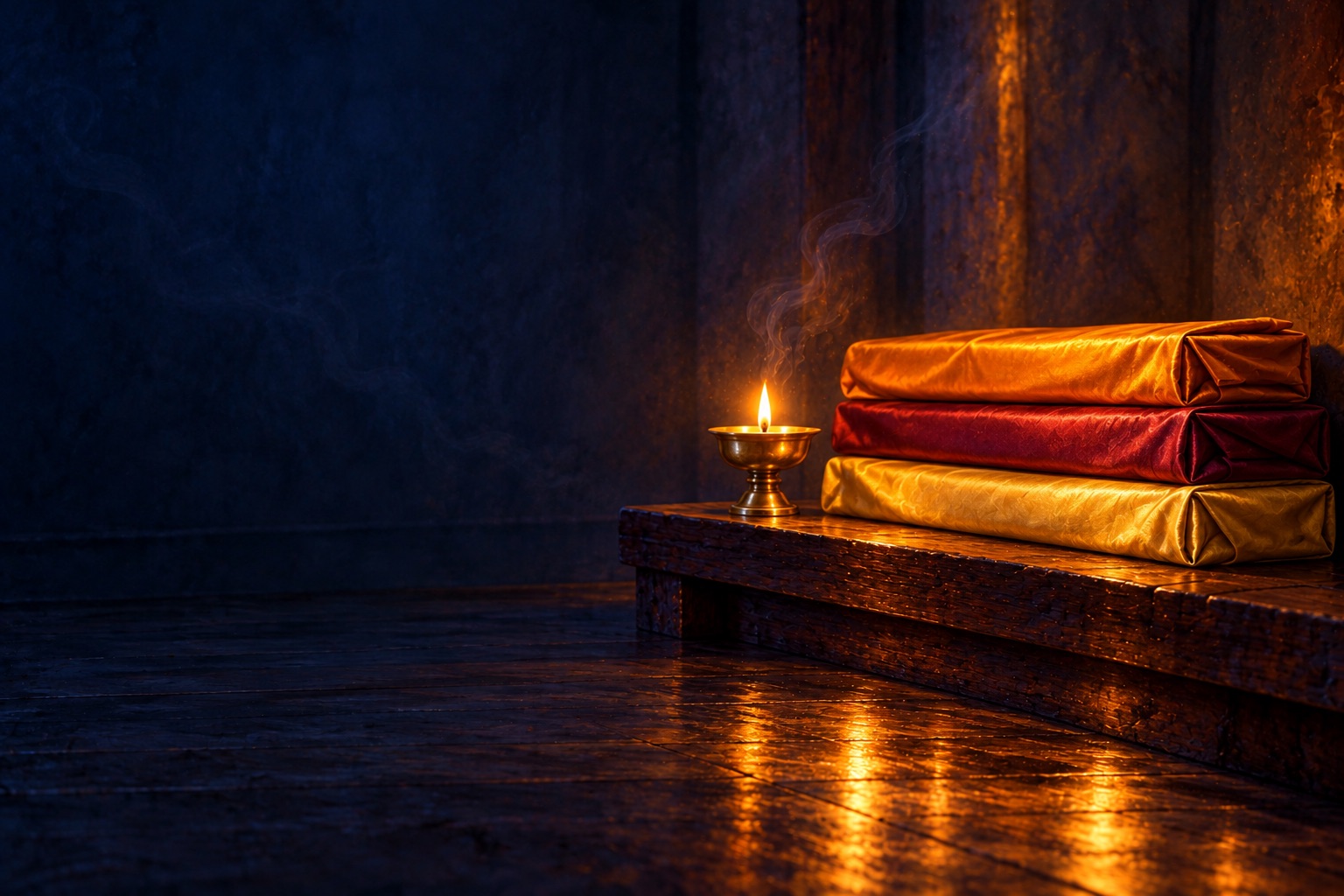 Cloth-wrapped Tibetan books stacked on a low wooden shelf, lit by a single butter lamp.