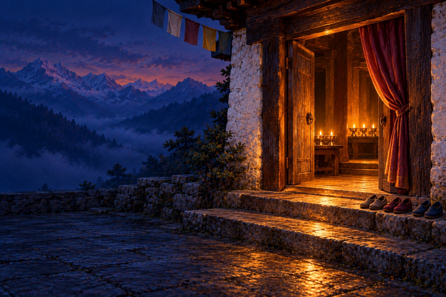 The open doorway of a Himalayan monastery hall at dusk, lamplight spilling onto stone steps where a few pairs of shoes wait by the threshold.