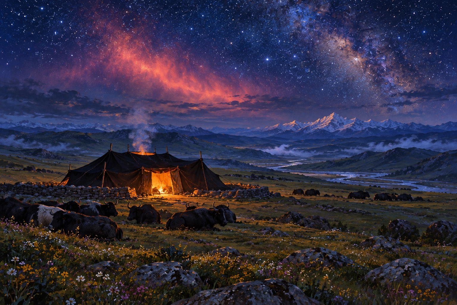 A black nomad tent glows with firelight on a dark grassland under a sky full of stars, a soft rose-coloured light hovering above it. Yaks sleep beside a low stone pen.