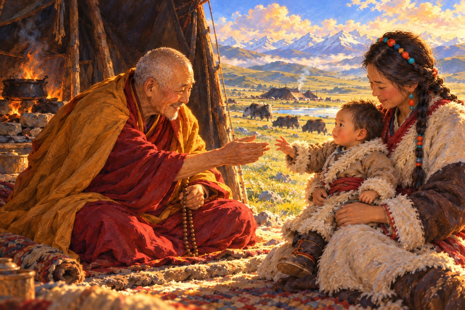 At the door of a black tent, an elderly monk in maroon and gold robes leans toward a small child held by his mother. The child reaches back toward him with calm eyes.