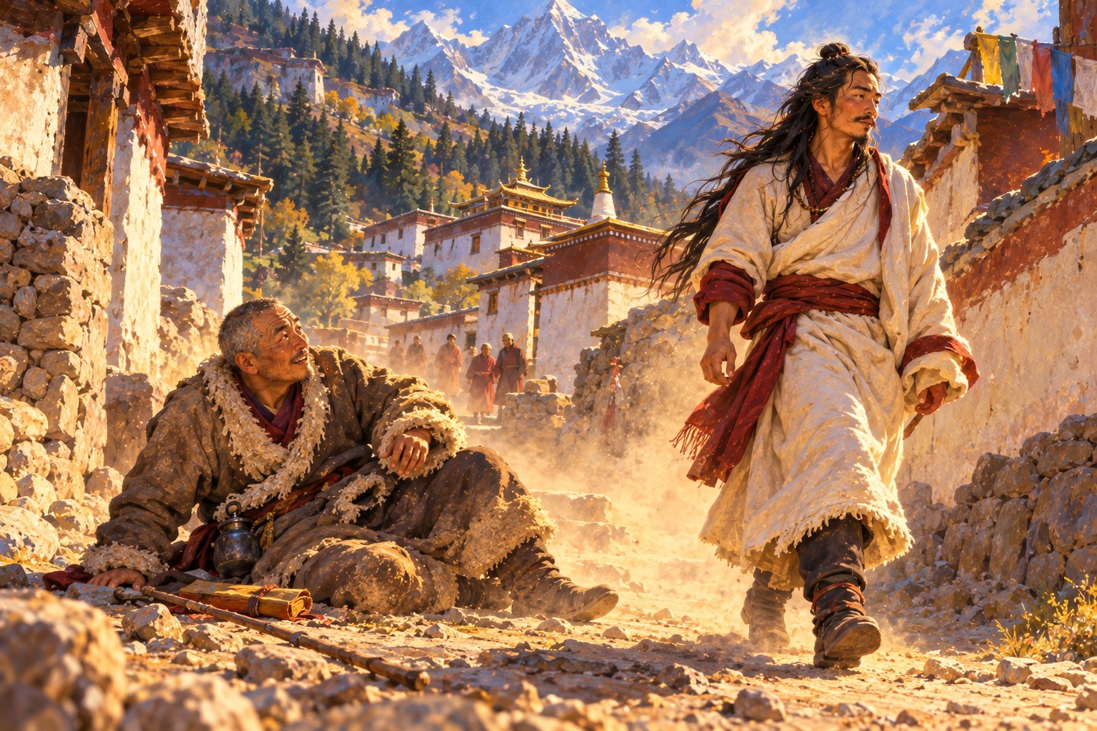 In a dusty village lane, a man in an old sheepskin coat sits on the ground looking up in shock and wonder, while a long-haired yogi in white strides away without looking back.