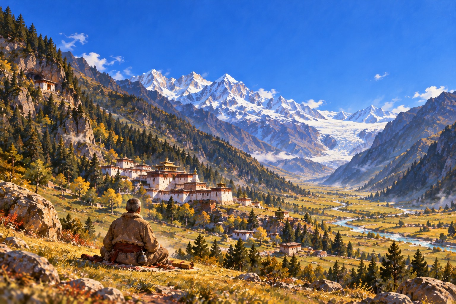 Under a vast cloudless sky, a small figure in a sheepskin coat sits upright and still on a grassy slope above a valley with a white monastery, dark forest and a glacier.