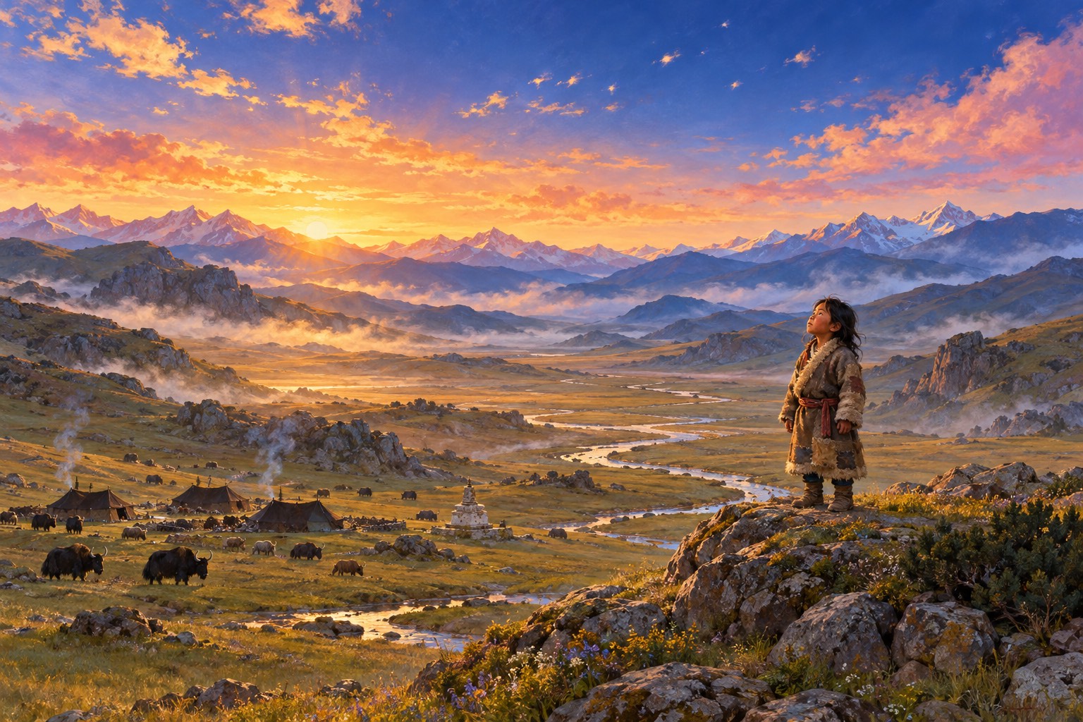 A wide green valley at dawn with a winding stream, mist and distant ridges glowing pink. Black nomad tents send up thin smoke and yaks graze. A tiny boy in a sheepskin coat stands on a rise looking up at the sky.