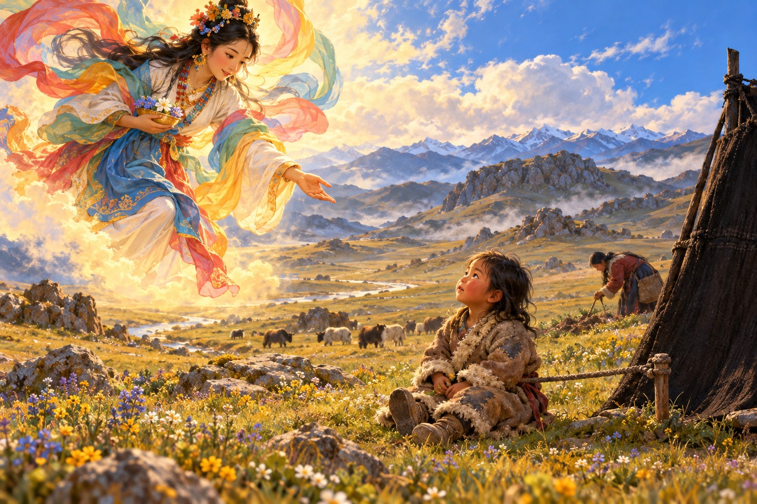 A small boy in a patched sheepskin coat sits on the grass beside a black tent, a soft rope loosely tied around his waist. Far off his mother digs for roots on the hillside. Above him a graceful woman in flowing silks appears in soft light, reaching toward him.
