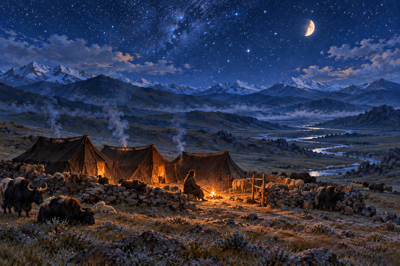 A small nomad camp at night under a half moon and many stars. Yaks and sheep are drawn in close around three black tents. A lone figure wrapped in a sheepskin keeps watch by a small fire.