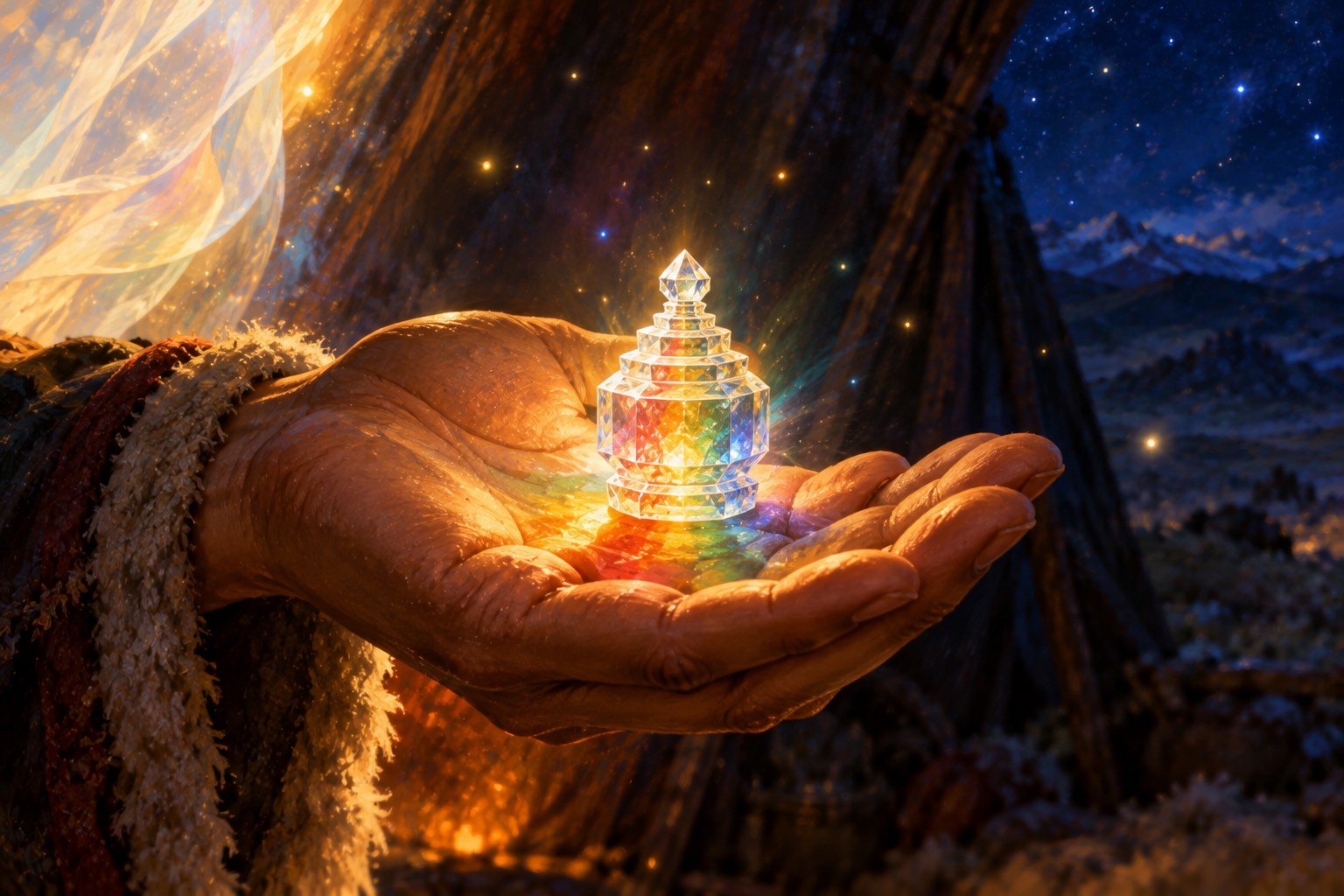 Close-up of an open palm in darkness holding a tiny crystal casket that glows with soft white, yellow, red, green and blue light, spilling over the fingers.