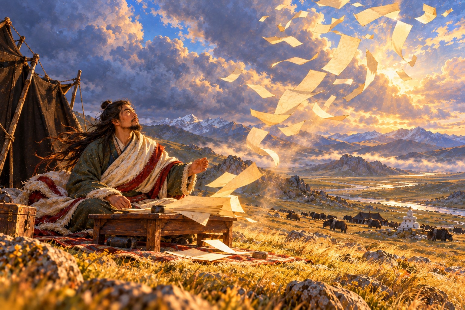 A long-haired man in a white shawl sits outside a black tent while a whirlwind lifts long paper pages from his writing table and scatters them high into the sky.