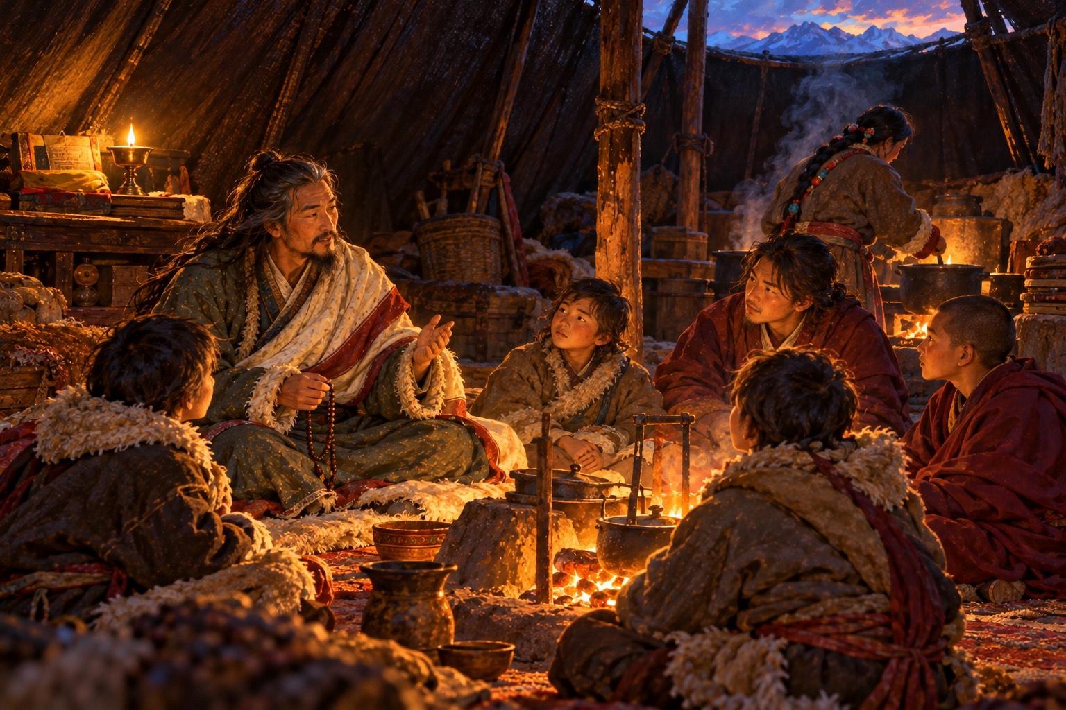 Inside a large nomad tent lit by a hearth and a small lamp, a grey-streaked long-haired man sits on a rug with a mala, speaking to several boys and young men. A woman tends the fire in the background.