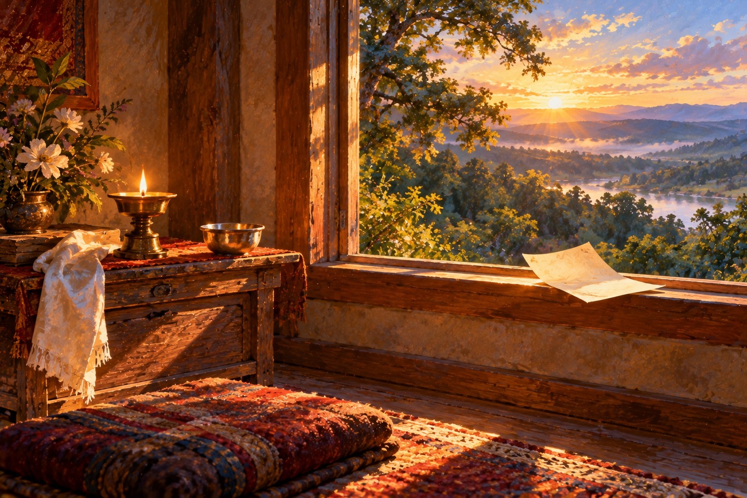 A simple wooden meditation room at dawn with one small butter lamp burning on a low shrine table. An open window looks out on wooded hills and a pale gold sunrise, and a blank sheet of paper rests on the sill.