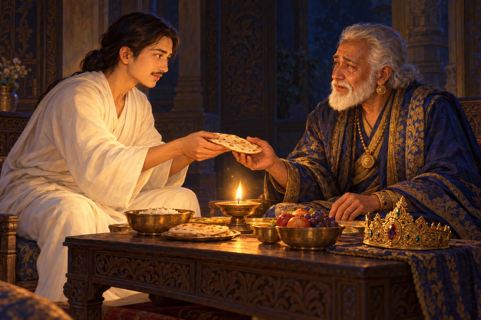 By the light of one oil lamp, the young prince in a plain white robe offers food with both hands to his weeping old father across a low table.