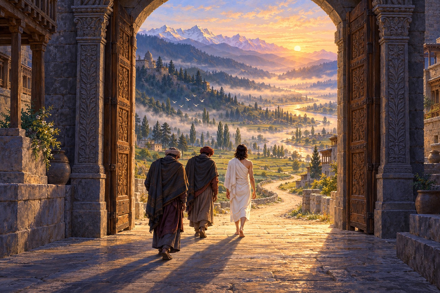 At dawn, seen from behind, a barefoot young man in a plain white cloth walks out through a great stone city gate, escorted by ministers, toward misty fields and forested hills.